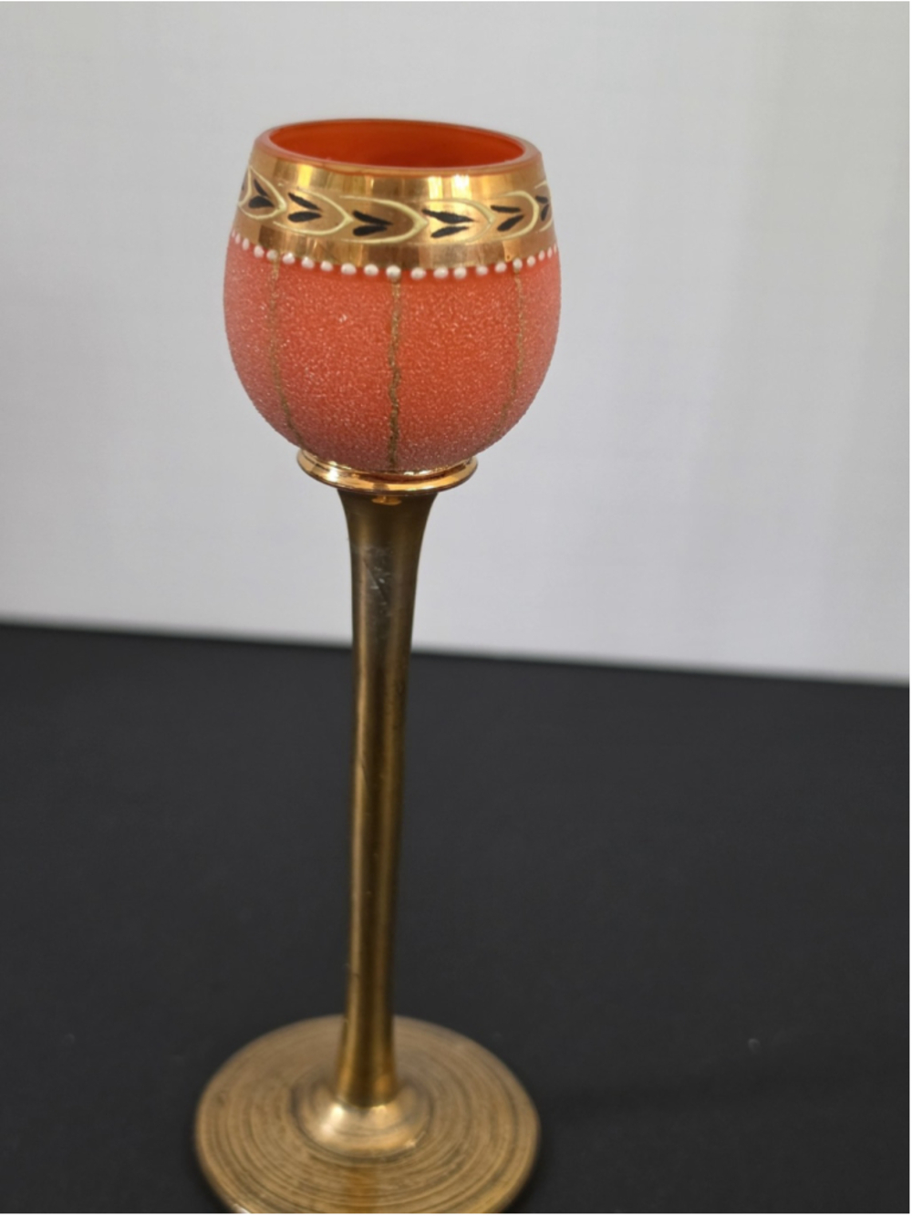 Vintage Orange Frosted Art Glass Candle Holder Gold Coral Pink Hollywood Regency
